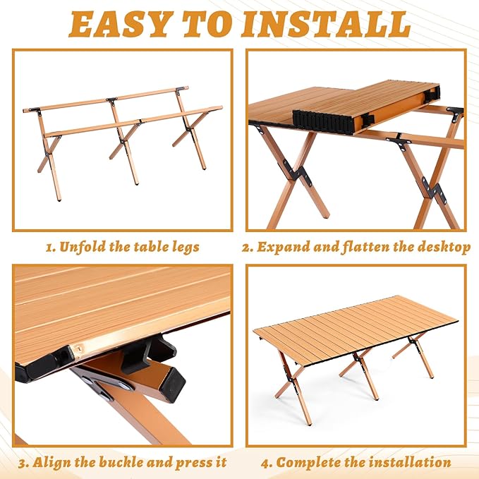 Suzile 2 Pack Foldable Camping Table 4ft Portable Lightweight Picnic Table Collapsible Roll up Metal Camp with Carry Bag for Camping, Picnic, Patio, Outdoor Party(Yellow Wood Color)