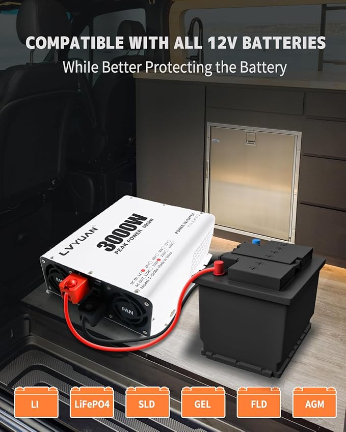 LVYUAN 3000 Watt Power Inverter 12V to 110V 120V DC to AC Converter with 4 AC Outlets, LCD Display, USB Charge Port, Remote Control for Home RV Vehicle Outdoor Camping Car Power Inverter