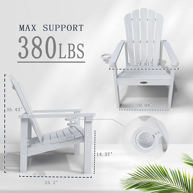 Stackable Adirondack Chair Set of 2, HDPE All-Weather Adirondack Chairs - Durable and Space Saving, Plastic Outdoor Fire Pit Chairs with Cup Holder,White