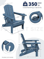 KINGYES Folding Adirondack Chair with Dual Cup Holders - HDPE All-Weather Outdoor Chairs, Wood-Like Patio Chair for Backyard, Camping, Pool & Fire Pit, Navy