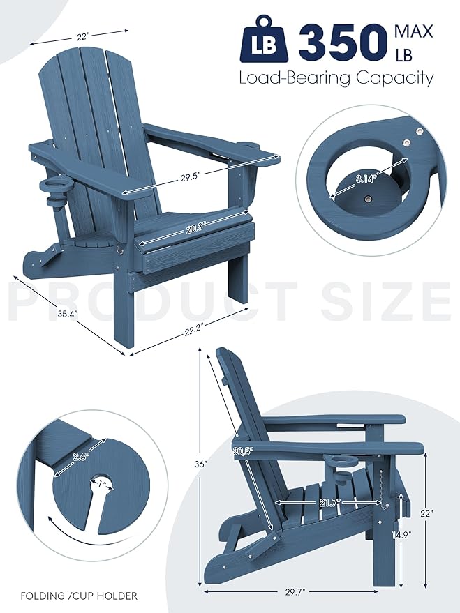KINGYES Folding Adirondack Chair Set of 4, Dual Cup Holders & All-Weather HDPE, Wood-Like Patio Chair for Backyard, Camping, Pool & Fire Pit, Navy