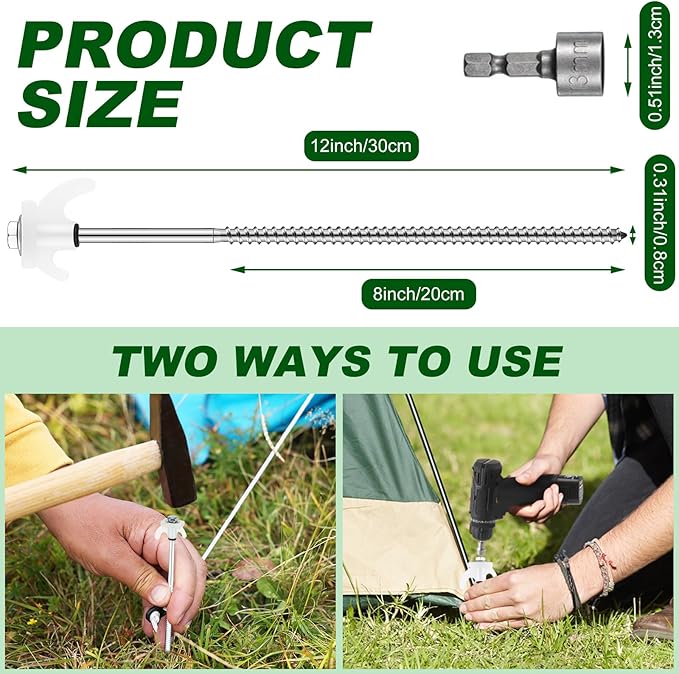 JaGely 12 Inch Tent Stakes Screw in Camping Stake Heavy Duty Metal Spikes Ground Anchor Peg Threaded Spikes with Hex Head Driver for Camping Garden Inflatable Outdoor Decor(Luminous White, 40 Pcs)