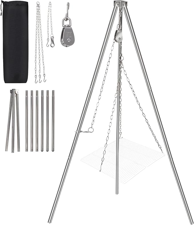 Lineslife Campfire Tripod for Cooking, 44 Inch Lightweight Stainless Steel Adjustable Camping Tripod with Chain, Portable Folding Stand for Grill Dutch Oven BBQ & Outdoor Camping - Carry Bag