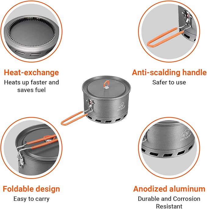 Bulin Camping Pot, 1.2L/1.5L High Efficiency Backpacking Pot Ultralight Camping Cooking Set Cookware Gear with Heat-Proof Handle & Heat Exchanger for Outdoor Picnic Hiking Travel