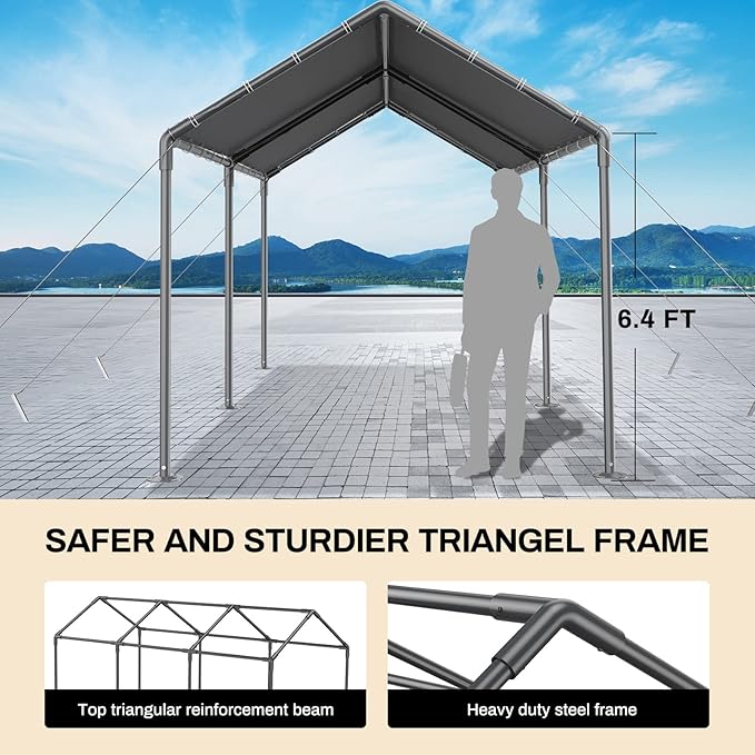 Carport 10x20 Ft Heavy Duty Canopy Steel Canopy Storage Shed,Portable Garage Party Tent,Portable Garage All-Season Tarp for Carport Grey