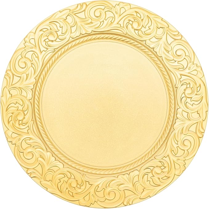 DYRABREST 100 Pcs 13 Inch Gold Charger Plates, Bulk PP Wedding Chargers with Floral Reef Design Decorative Round Ruffled Rim Dinner Plates for Wedding Party Event Table Setting Decoration