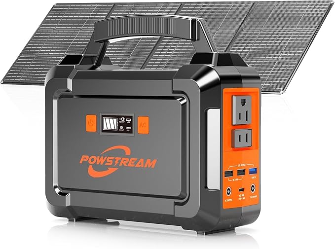POWSTREAM 296Wh Portable Power Station with Solar Panel 60W Kit Solar Generator with Panels Included AC Outlet 300W Pure Sine Wave Solar Power Bank for Camping Home Power Outage Hunting Outdoor RV Van