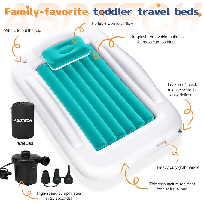 Inflatable Toddler Travel Bed - Portable Toddler Kids Travel Bed with Safety Sides Complete Kids Air Mattress Set with High-Speed Pump, Ideal for Vacation Camping and Sleepover (60 Inches)
