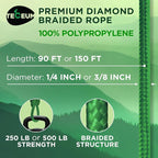 TECEUM Rope – 150 Feet x 1/4 Inch (7mm) – Green – Strong All-Purpose Utility Rope – Camping, Crafting, Flag Pole, Indoor & Outdoor – Polypropylene Nylon Poly Lightweight Diamond Braided Cord