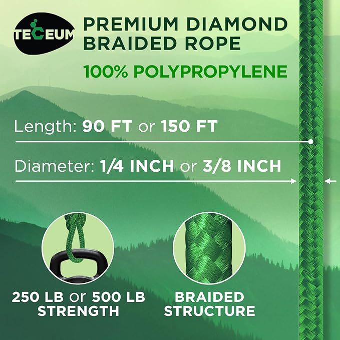 TECEUM Rope – 150 Feet x 1/4 Inch (7mm) – Green – Strong All-Purpose Utility Rope – Camping, Crafting, Flag Pole, Indoor & Outdoor – Polypropylene Nylon Poly Lightweight Diamond Braided Cord