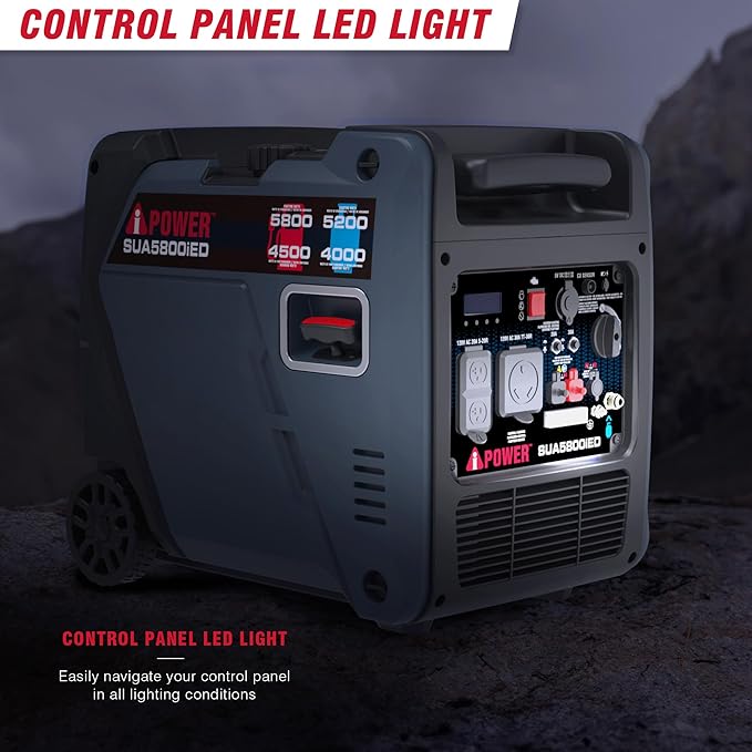 A-iPower 5800-Watt Dual Fuel Quiet Portable Inverter Generator, Electric Start RV Ready, EPA & CARB Compliant CO Sensor, With Telescopic Handle For Backup Home Use, Tailgating & Camping (SUA5800iED)