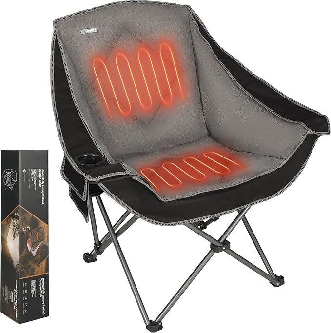 CAMPHILL Heated Camping Chairs,Oversized Padded Heating Lawn Chair with Cup Holder,Wide&Thick,Heavy Duty Folding for Patio,Tailgates,and Sports,Battery NOT Included,Black