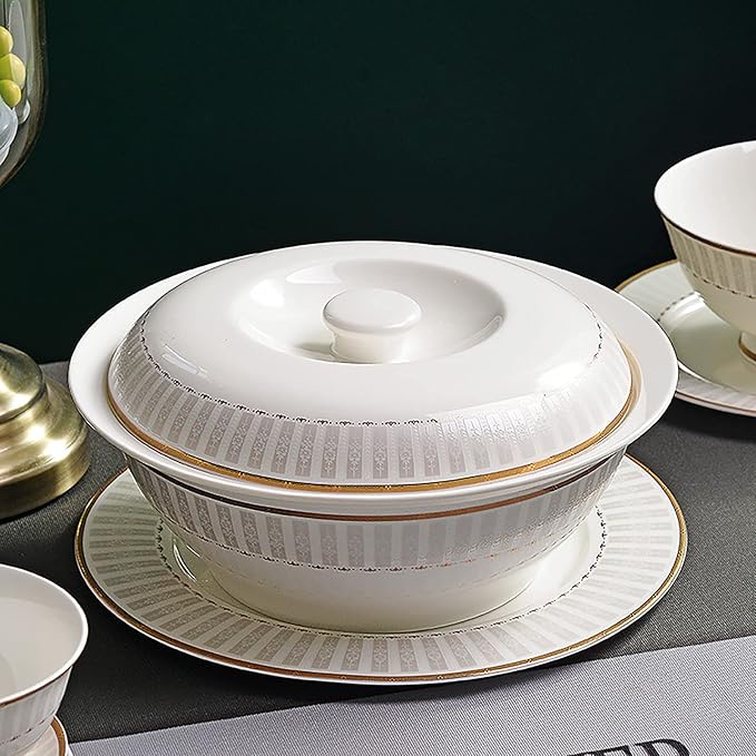 50 Pieces Dinner Set, White Porcelain Bone China Tableware Set with Round Dessert Plates Soup Plates Dinner Plates Bowls Dishes Soup Pot Service for 10 People with Gold Rim