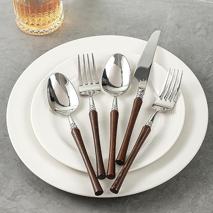 90pcs wooden silverware set, food-grade stainless steel flatware service for 18, tableware set include fork kinfe spoon with wooden handle, eating utensils cutlery set for home