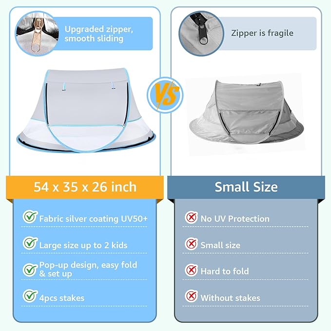 Baby Beach Tent, Pop Up Beach Tent Sun Shade for Beach, UPF 50+ UV Protection Sun Shelters for Infants with Carry Bag for Outdoor Travel, Camping(Gray)