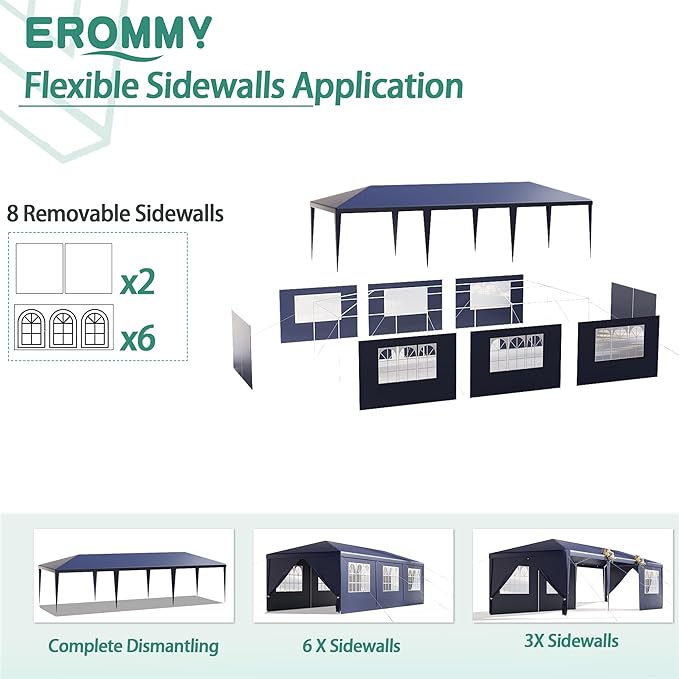 EROMMY Outdoor Party Tent 10x30 FT, Waterproof PE Canopy with 6 Removable Sidewalls and 2 Zipper Doors for Weddings, Events, Backyard Parties, Blue