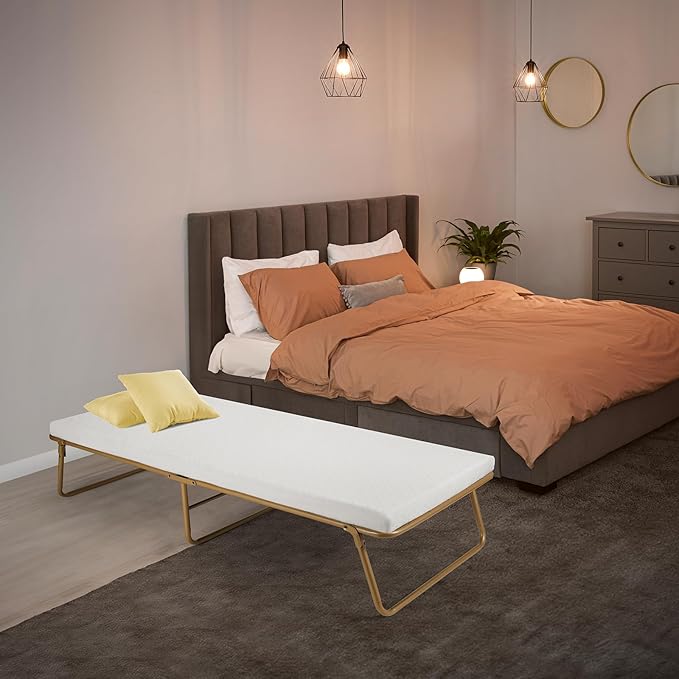 MAMIZO Folding Bed 75" x 31", Rollaway Bed with Mattress for Adults, Metal Frame with Memory Foam Mattress, Guest Bed for Bedroom,Office,Camp,No Assembly Required,Gold