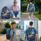 Space Backpack with Lunch Box Blue Bookbag Lightweight Practical Bookbag and Lunch Box Set for Boys 4pcs School Bags for Boys 10-12 Travel Daypack Outdoor Camping Outing