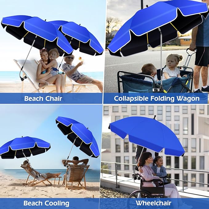 48.8 inch Large Beach Umbrella with Clamp Sun Shade for Beach Chair, 360°Adjustable UV Protection Golf Umbrella with Clip for Outdoor Stroller Wheelchair Camping Chair
