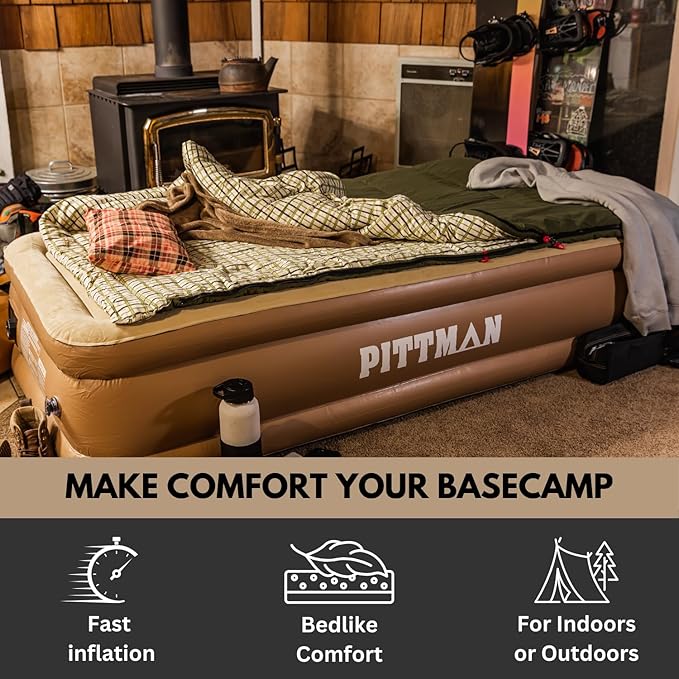 Pittman Outdoors - Tan 18" Luxury Double High Twin Air Mattress with Built in Pump - Premium Comfort Twin Size Blow up Mattress - 300lb Capacity - Ideal for Home Visits, Guests, Travel or Camping