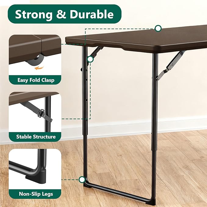Folding Table, 4FT Foldable Picnic Table with Carrying Handle, Heavy Duty Fold-in-Half Portable Table for Weddings, Camping, RV Travel, Parties, BBQs, and Indoor Use, Easy to Fold and Store,Brown
