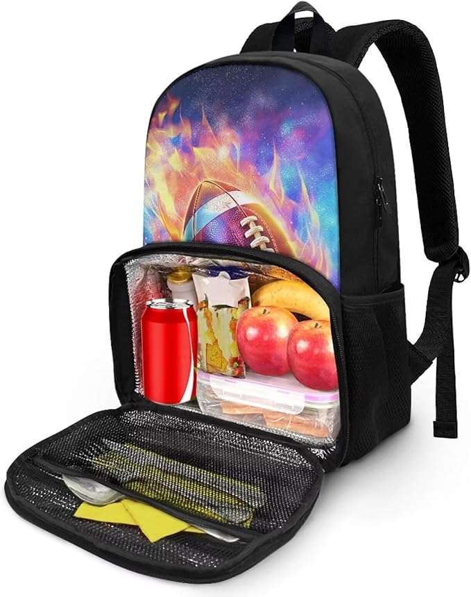 Fire Flame Rugby Lunch Backpack for School Work Travel Large Capacity Hiking Picnic Cooler Backpack All In One Backpack Primary Middle High School Bookbag