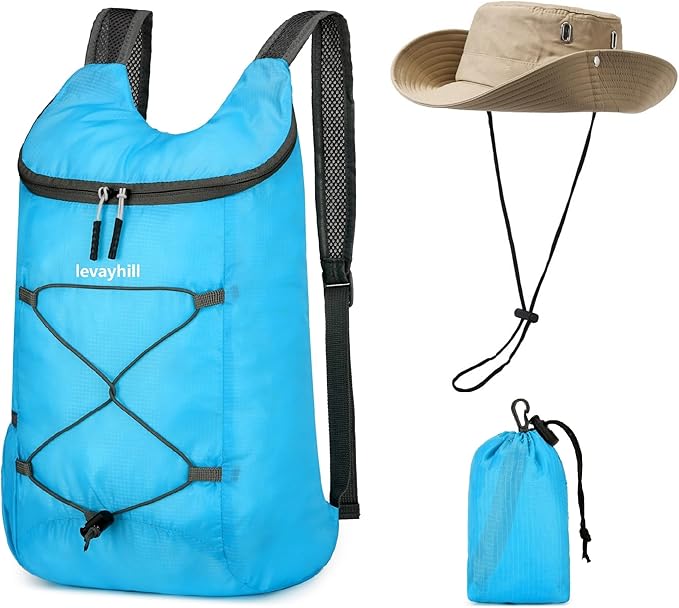 16L Foldable Backpack & Bucket Hat 2 In 1 Combo, Lightweight packable Travel Set, Compact Daypack with Sun Hat (Blue)