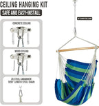 Hammock Chair Hanging Swing Include 2 Cushions and Hardware Kits, Max 330Lbs, XL Hanging Chair for Indoor Outdoor Patio Yard - Blue & Green Stripe