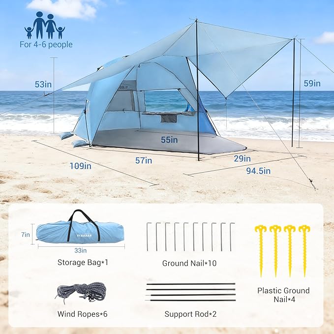 Elegear Beach Tent with Canopy, 1-Second Setup Pop Up Sun Shelter Shade, UPF 50+ UV Protection Silver-Coated Lightweight Portable Beach Cabana