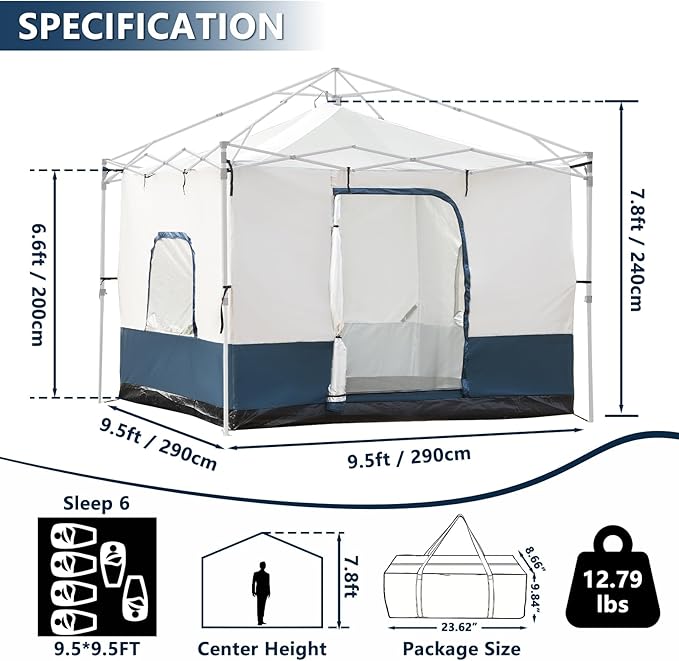 Camping Cube, Canopy Inner Tent for 10' x 10' Straight Leg Pop Up Canopy, Converts Canopy into Enclosed Camping Tent, Fully Vented Roof, Easy Setup, 4-6 Person (Frame & Top Not Included)