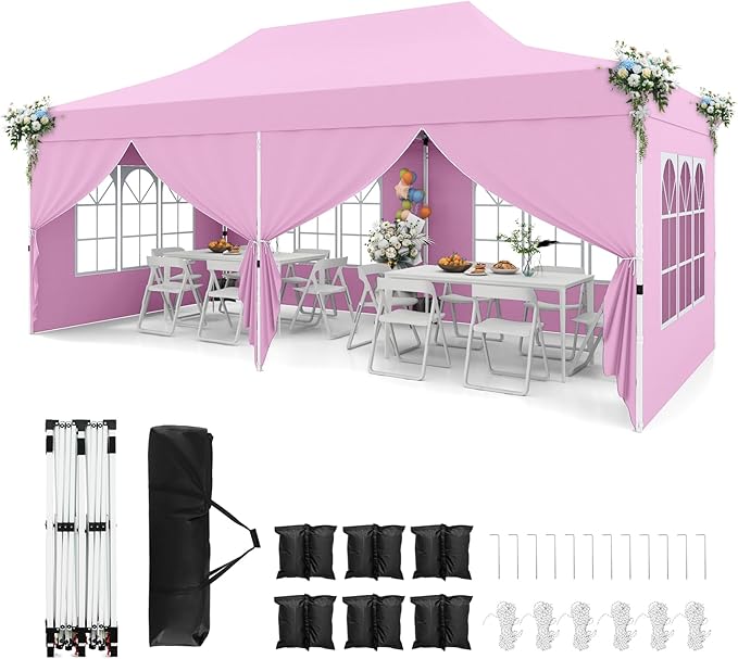 Tangkula 10x20 Ft Pop Up Canopy, UPF 50+ Portable Outdoor Canopy Tent with with 6 Removable Sidewalls, 6 Sandbags, 2 Zippered Door, Windows, Carrying Bag for Party, Wedding, Backyard