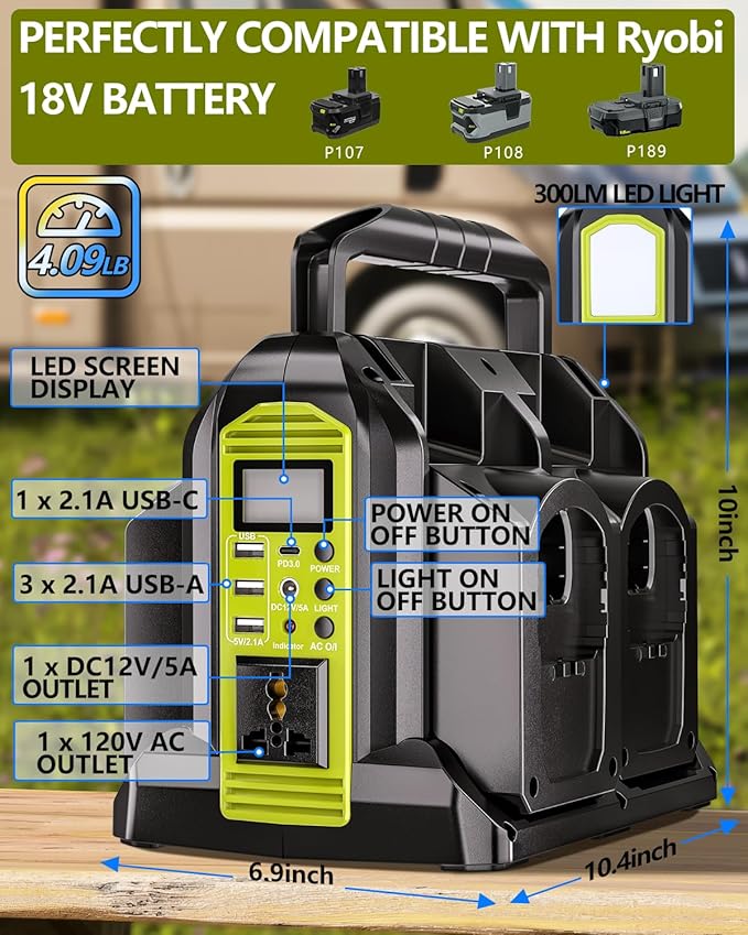 Taingwei 350W Power Inverter for Ryobi 18V Battery, 4-Ports DC 18V to AC 110-120V Battery Inverter with 3 USB-A Port, 1 USB-C Port,300lm LED Light for Outdoors Camping Emergency(Tool Only)