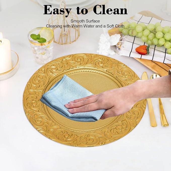 100 Pcs Gold Charger Plates Bulk, 13 Inch Round Charger Plate Set, Plastic Embossed Dinner Chargers Floral Plates for Wedding, Christmas, Party, Event, Decoration (Gold)