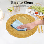 100 Pcs Gold Charger Plates Bulk, 13 Inch Round Charger Plate Set, Plastic Embossed Dinner Chargers Floral Plates for Wedding, Christmas, Party, Event, Decoration (Gold)