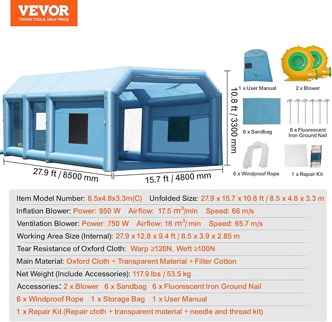 VEVOR Inflatable Paint Booth, 27.9 x 15.7 x 10.8 ft Inflatable Spray Booth, Portable Car Paint Booth for Small Truck, with 950W+750W Powerful Blowers and Air Filter System, Large Motorcycle, Midsize S