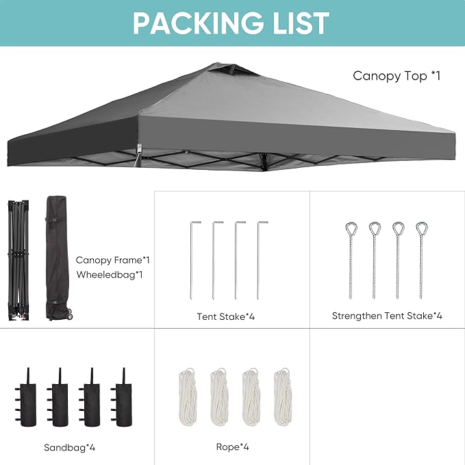 GDY 12x12 Pop Up Canopy Patio Carpas, One Push Set up with Central Lock Canopy with Wheeled Carry Bag, Included 4 Sandbaogs,8 Stakes and 4 Ropes, Gray