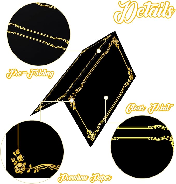100 Pcs Black Place Cards and Gold Pen for Weddings, Name Cards with Gold Foil Border for Table Setting Folded Table Tents Sign for Buffet Banquet Parties Events Celebrations