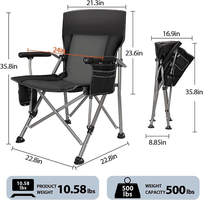 Heated Camping Chair with 20,000 mAh Battery, Loog-Lasting for 500 Mins, Fully Padded Heated Camp Chairs, Heavy Duty Folding Chairs Supports 500 lbs for Winter Camping, Picnics, Tailgating, RV Travel