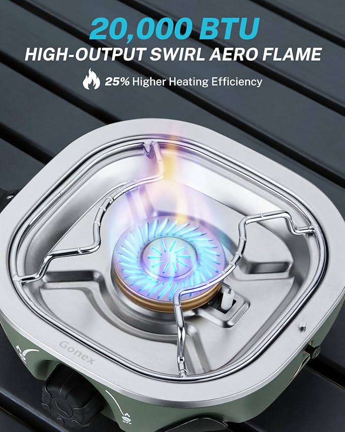 Gonex AeroFlame Dual Burner 20,000 BTUs Propane Camping Stove with Precision Flame Control & Removable Pot Stands, Portable Folding Camp Stove for Camping, Hiking, Patio, BBQ(Army Green)