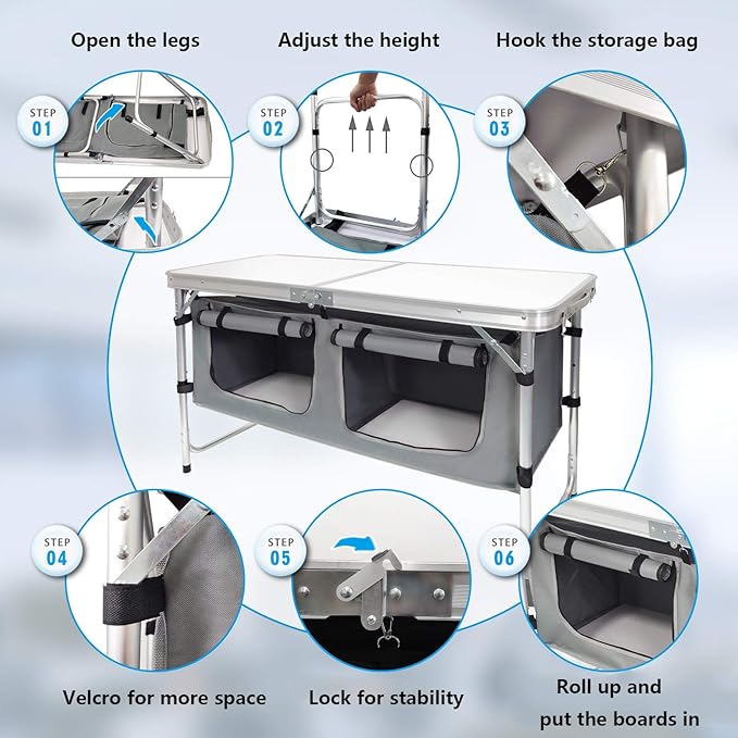 CampLand Outdoor Folding Table Aluminum Lightweight Height Adjustable with Storage Organizer for BBQ, Party, Camping