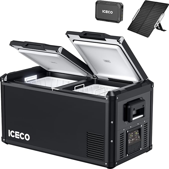 ICECO VL75ProD Portable Refrigerator, 12v Dual Zone Fridge Freezer with SECOP, 79Qt 12V Car Freezer with Reversible Lid, 0°F to 50°F, Car Fridge Portable AC/DC| With Battery+Solar Panel