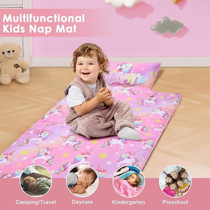 Kids Nap Mat Portable Slumber Bags with Removable Pillow and Blanket for Girls Boys, Lightweight Extra Large Sleeping Bag for Preschool Camping Daycare