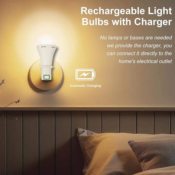 2 Pack Rechargeable Light Bulb,Emergency Light Bulbs for Power Outage Hurricane Camping 9W E27 3000K Warm 1200mAh Battery Backup Soft Light Bulbs for Lamps,Battery Bulb