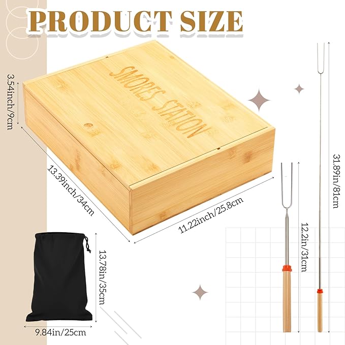 LemonRoad 13.4 x 11.2 x 3.5 Inch Smores Kits, Bamboo S'Mores Kit Box with Lid, 6 Extendable Roasting Sticks & Carry Bag, Portable Camping Cookware Set for Outdoor Picnic Backyard Party Family Fun