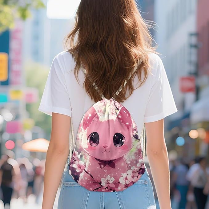 Upetstory Cherry Blossom Cat Drawstring Backpack Gym Sackpack Foldable Draw String Bag Lightweight Travel Storage Pouch Sports Gymsac PE Kit Bags for Outdoor Hiking Cycling Running Beach
