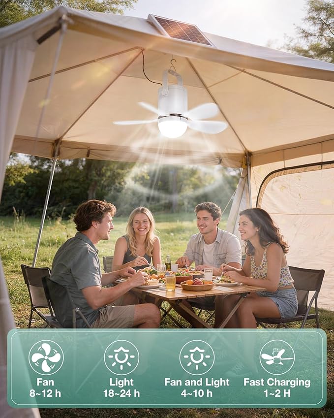 Solar Ceiling Fan Light, 30W Solar Gazebo Fan with Remote, Portable Solar Canopy Fans for Outside, Rechargeable Battery Operated Camping Fan, for Tent Shed Patio Greenhouse Porch Pergola
