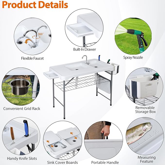 ZENY Fish Cleaning Table with Sink, 42.4" Width Portable Folding Camping Table, Outdoor Fish Cleaning Station with Grid Rack and Fish Cleaning Kit for Picnic