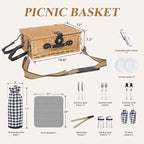 Picnic Basket for 2 with Blanket, Willow Picnic Basket Set with Shoulder Strap&Wine Pouch, Large Willow Hamper with Insulated Cooler for Outdoor, Camping, Beach, Couples, Wedding Gift