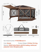 VEVOR Pop up Gazebo Screen Tent, 15 x 15 ft Large 8-Sided Camping Canopy Tent with Removable Top & Carry Bag, Quick-Set & Bite-Proof, Screen House Sun Shelter for 12-15 Persons Backyard Patio, Brown