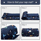 PHF Toddler Nap Mat with Removable Pillow and Minky Fleece Blanket, Rollup Design Warm Slumber Bags for Boys, 52"x20"x2" Kids Sleeping Bag for Daycare Preschool Travel Camping, Space